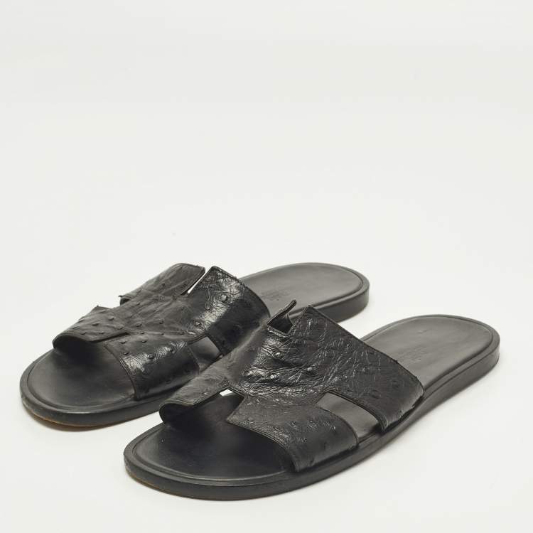 مملوكة مسبقًا Hermes Izmir Size 42.5 Black Ostrich Leather Slide Sandals