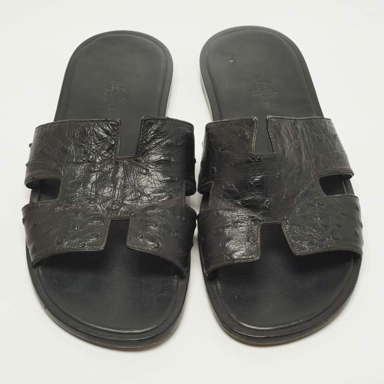 مملوكة مسبقًا Hermes Izmir Size 42.5 Black Ostrich Leather Slide Sandals