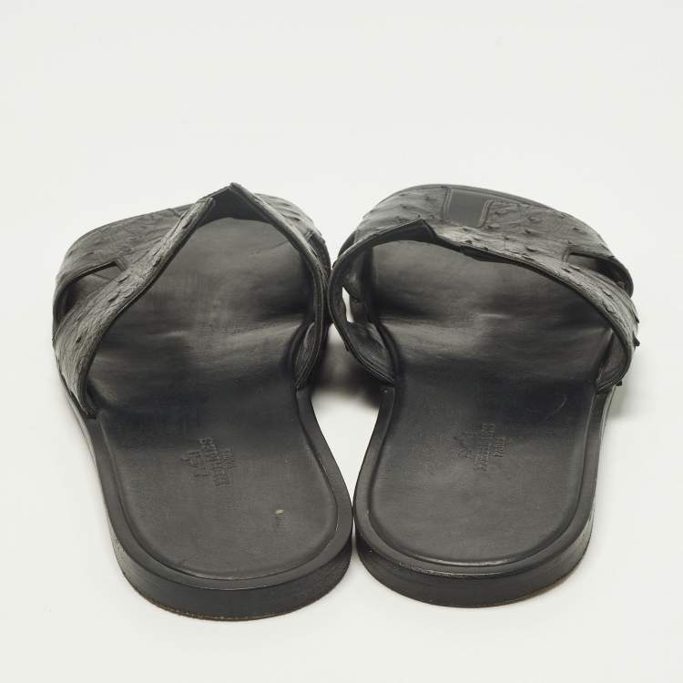 مملوكة مسبقًا Hermes Izmir Size 42.5 Black Ostrich Leather Slide Sandals