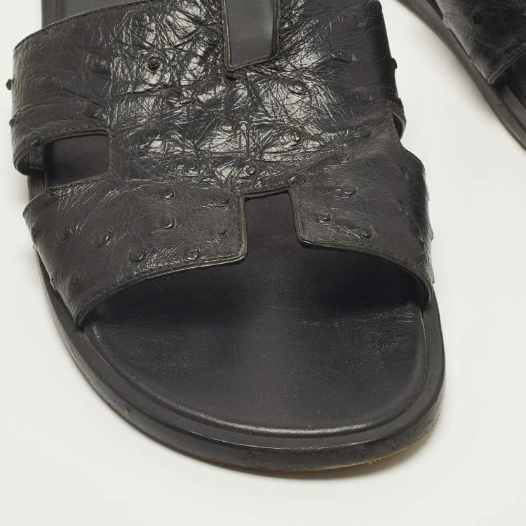 مملوكة مسبقًا Hermes Izmir Size 42.5 Black Ostrich Leather Slide Sandals