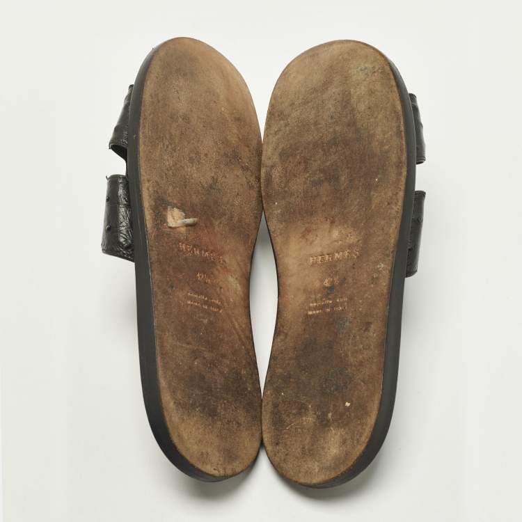مملوكة مسبقًا Hermes Izmir Size 42.5 Black Ostrich Leather Slide Sandals
