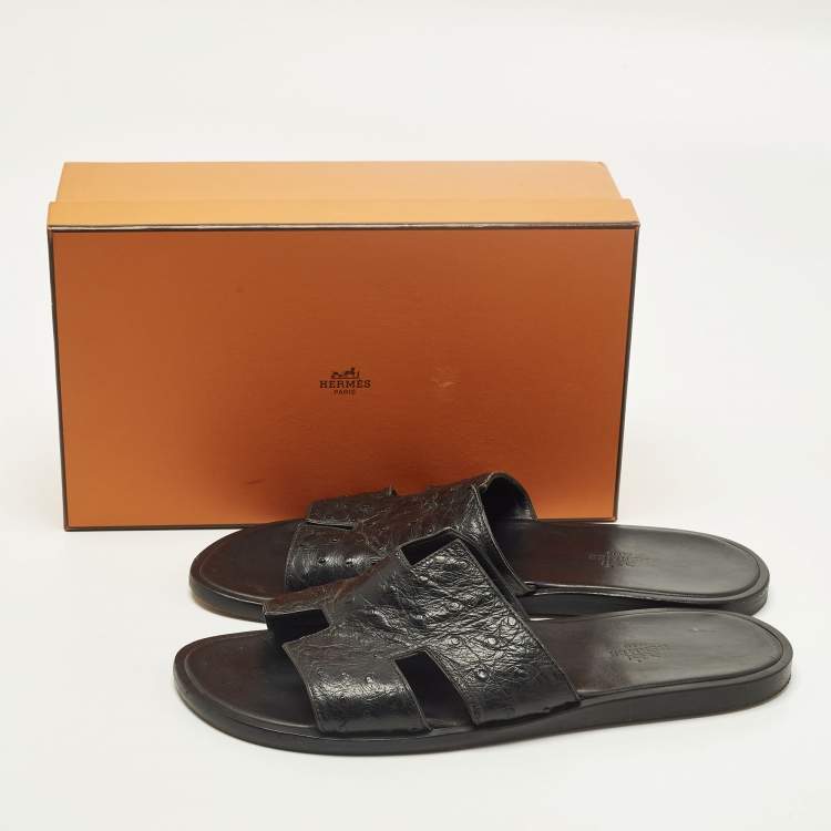 مملوكة مسبقًا Hermes Izmir Size 42.5 Black Ostrich Leather Slide Sandals