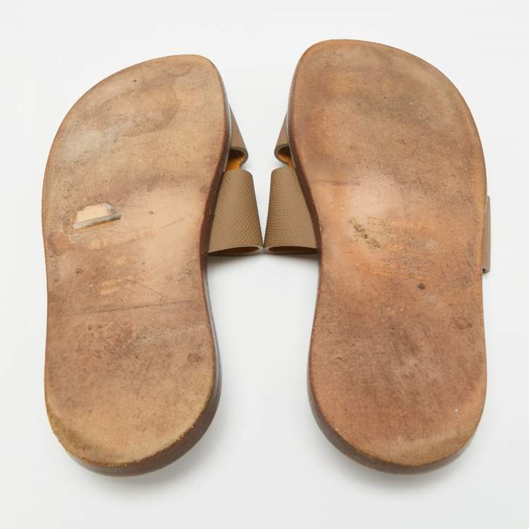 Pre Owned Hermes Izmir Size 42.5 Brown Leather Flat Slides 