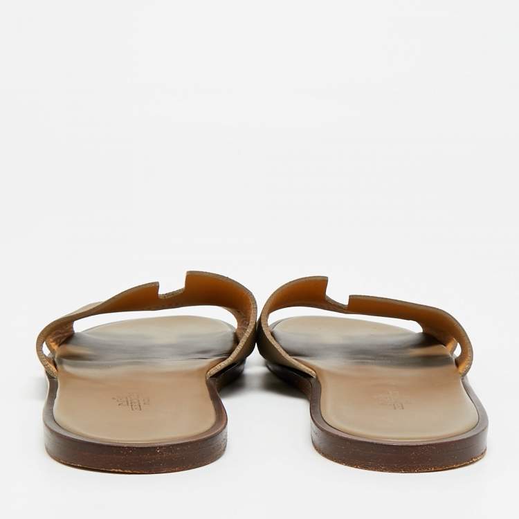 Pre Owned Hermes Izmir Size 42.5 Brown Leather Flat Slides 