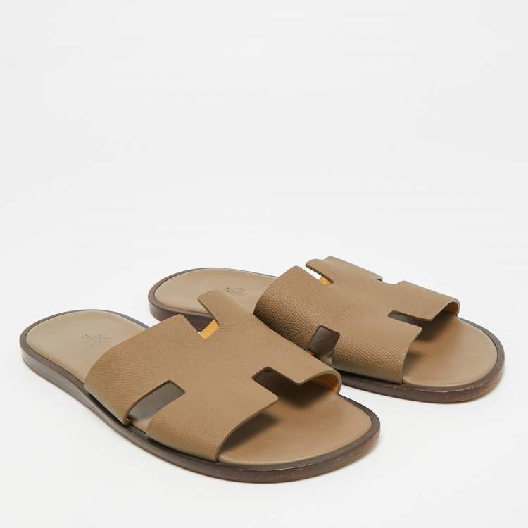 Pre Owned Hermes Izmir Size 42.5 Brown Leather Flat Slides 