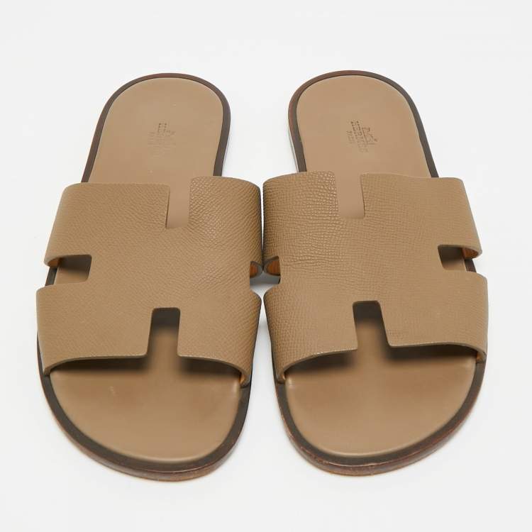 Pre Owned Hermes Izmir Size 42.5 Brown Leather Flat Slides 