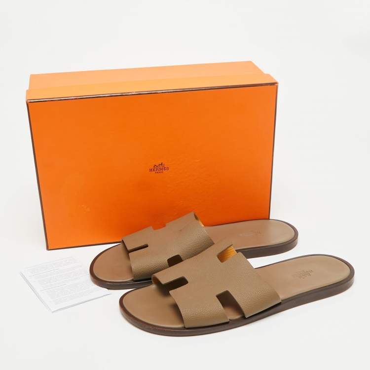 Pre Owned Hermes Izmir Size 42.5 Brown Leather Flat Slides 