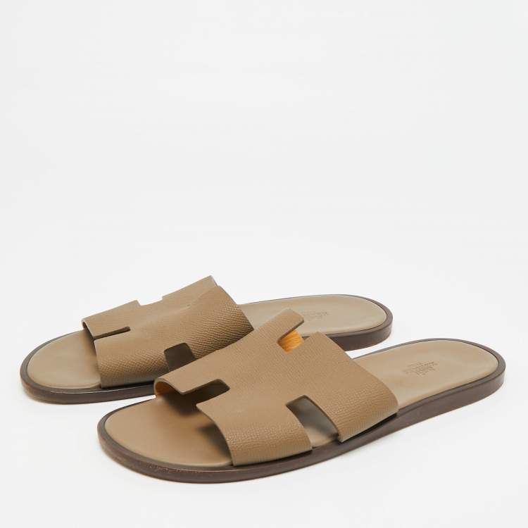 Pre Owned Hermes Izmir Size 42.5 Brown Leather Flat Slides 