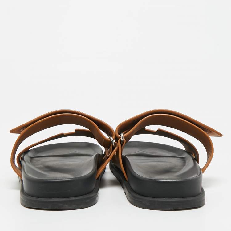 Pre Owned Hermes Chypre Size 42.5 Brown Leather Flat Sandals