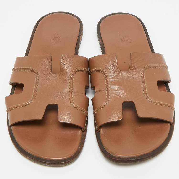 Pre Owned Hermes Izmir Size 42.5 Dark Brown Leather Flat Slide