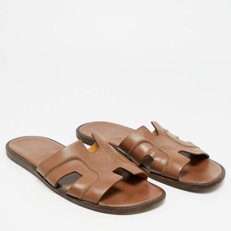 Pre Owned Hermes Izmir Size 42.5 Dark Brown Leather Flat Slide