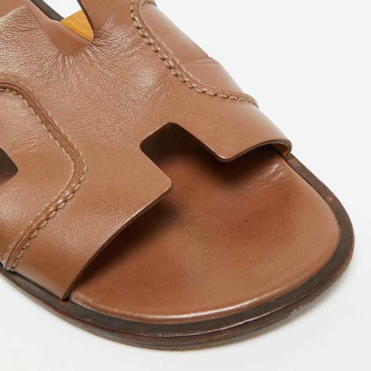 Pre Owned Hermes Izmir Size 42.5 Dark Brown Leather Flat Slide