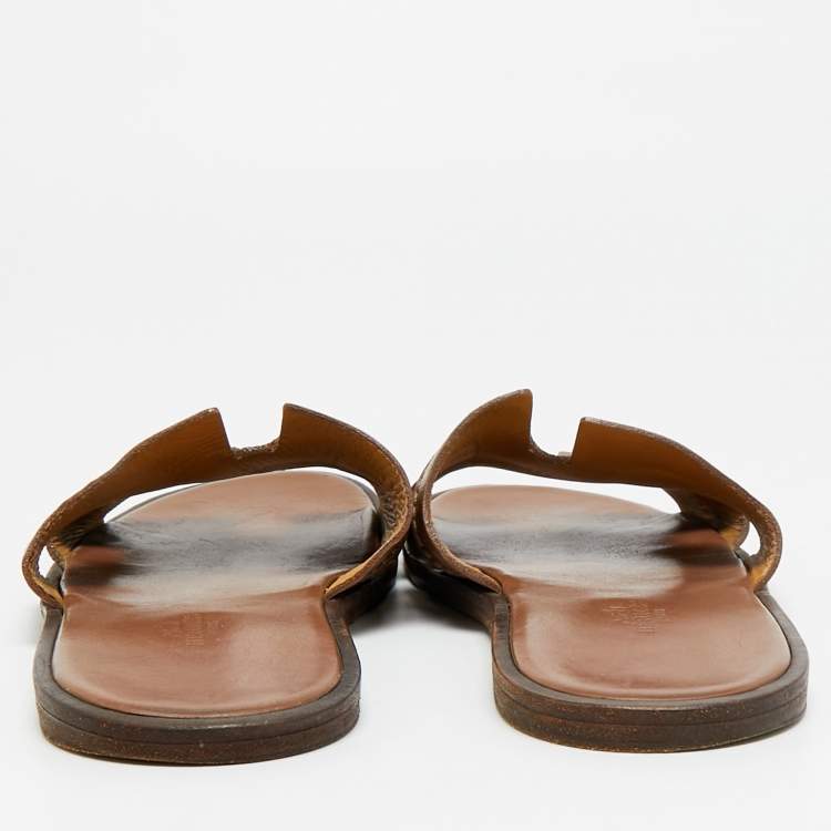 Pre Owned Hermes Izmir Size 42.5 Dark Brown Leather Flat Slide