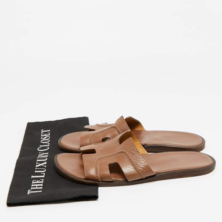 Pre Owned Hermes Izmir Size 42.5 Dark Brown Leather Flat Slide