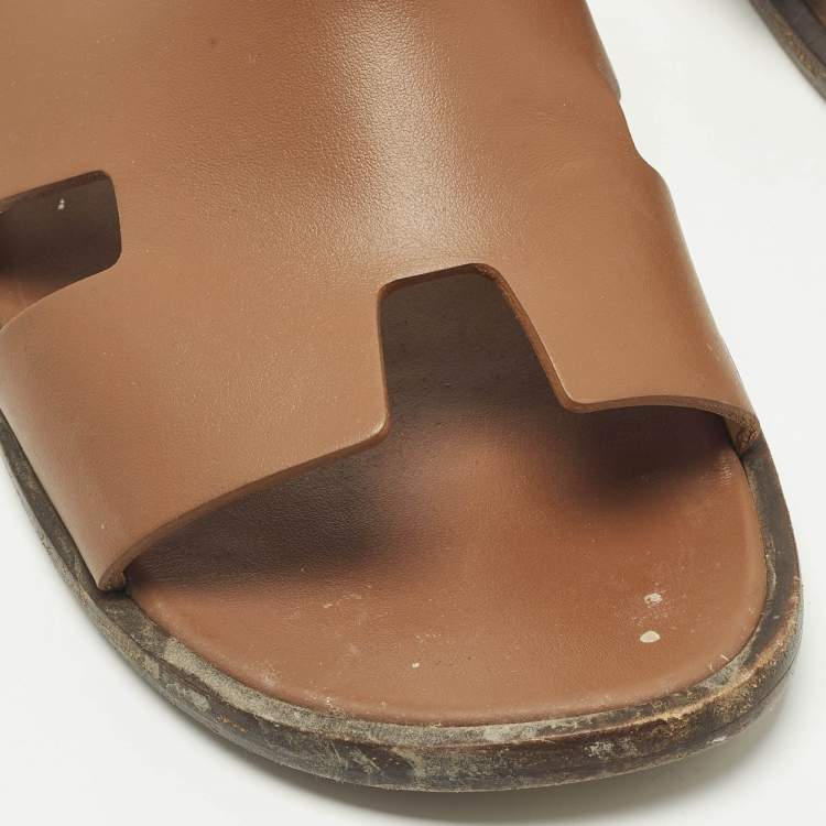 مملوكة مسبقًا Hermes Izmir Size 44 Brown Leather Flat Slide Sandals