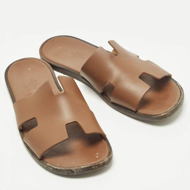 مملوكة مسبقًا Hermes Izmir Size 44 Brown Leather Flat Slide Sandals