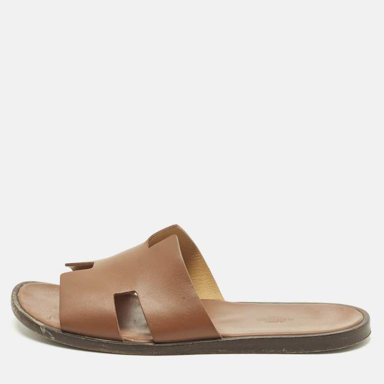 مملوكة مسبقًا Hermes Izmir Size 44 Brown Leather Flat Slide Sandals