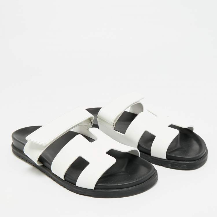 Pre Owned Hermes Chypre Size 41.5 White Leather Flat Slide