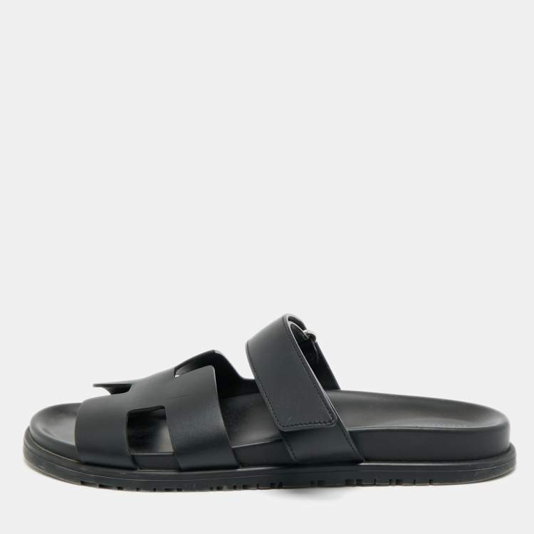 Pre Owned Hermes Chypre Size 42 Black Leather Slide Sandals