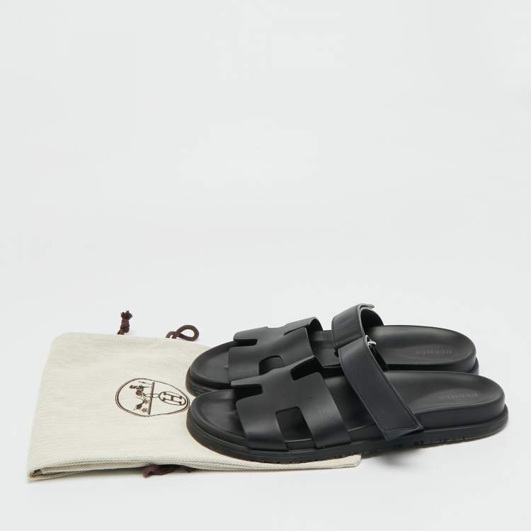 Pre Owned Hermes Chypre Size 42 Black Leather Slide Sandals