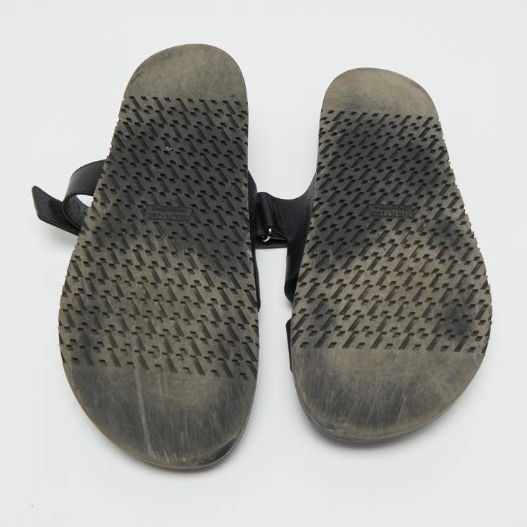 Pre Owned Hermes Chypre Size 42 Black Leather Slide Sandals