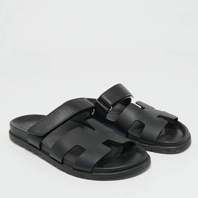 Pre Owned Hermes Chypre Size 42 Black Leather Slide Sandals