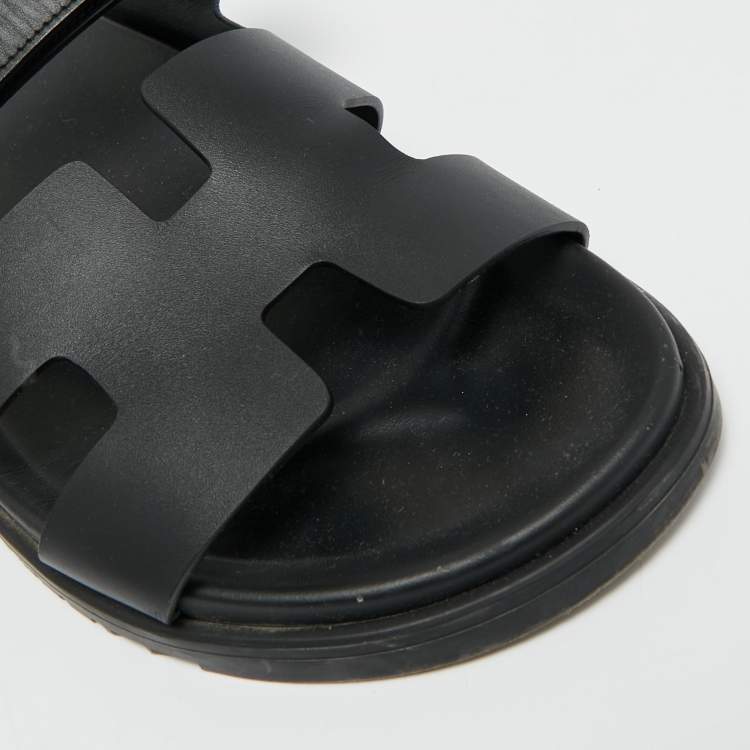 Pre Owned Hermes Chypre Size 42 Black Leather Slide Sandals