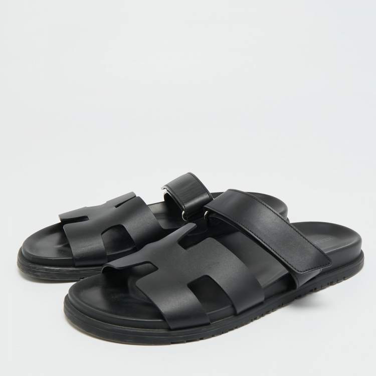 Pre Owned Hermes Chypre Size 42 Black Leather Slide Sandals