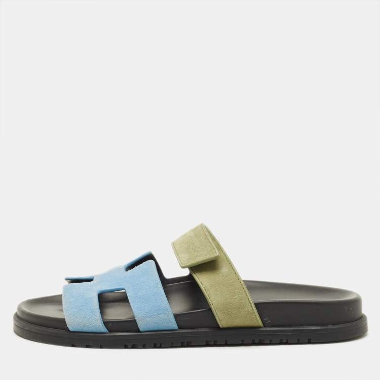 مملوكة مسبقًا Hermes Chypre Size 40 Blue/Green Suede Flat Sandals