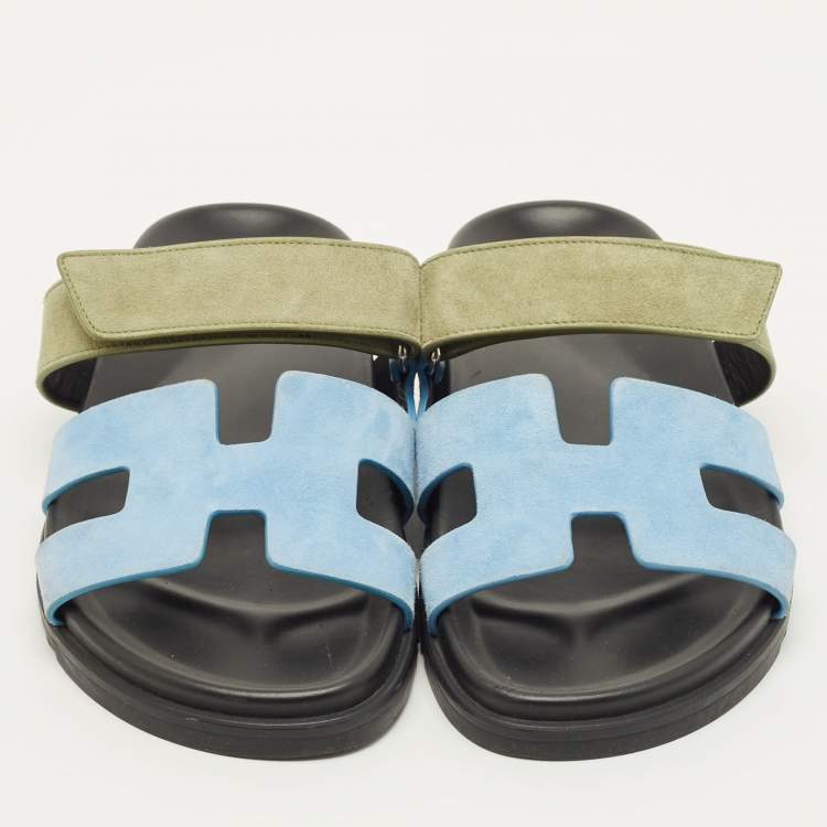 مملوكة مسبقًا Hermes Chypre Size 40 Blue/Green Suede Flat Sandals