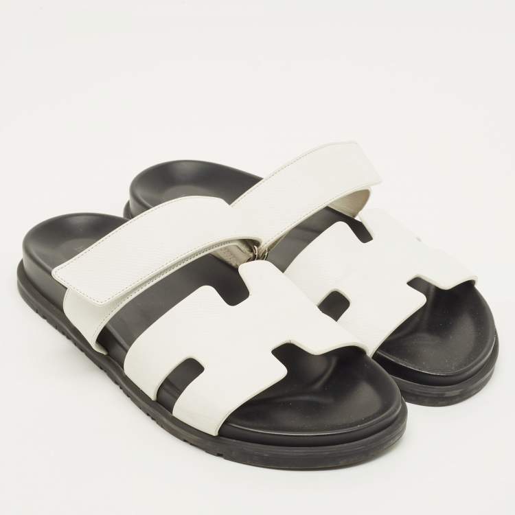 Pre Owned Hermes Chypre Size 40 White Leather Flat Sandals