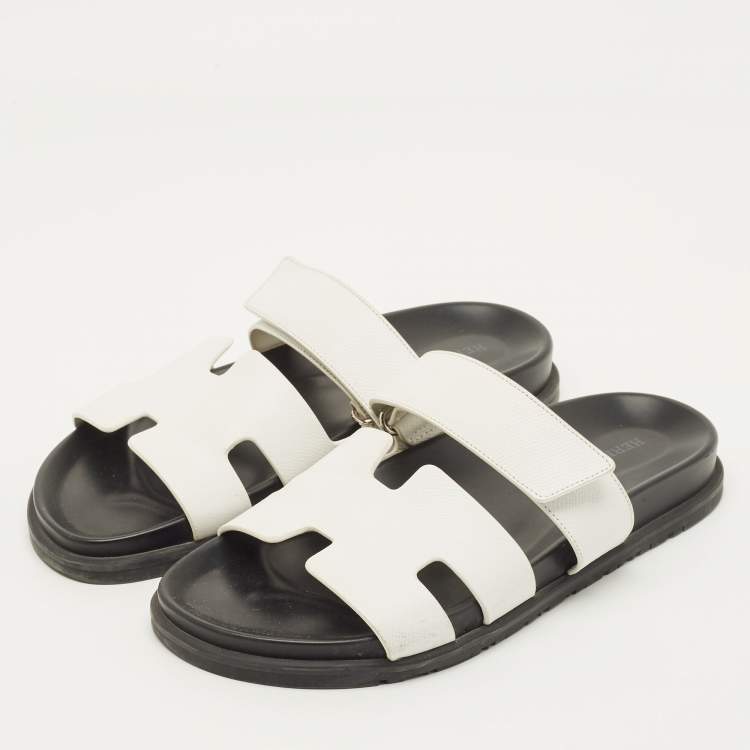Pre Owned Hermes Chypre Size 40 White Leather Flat Sandals