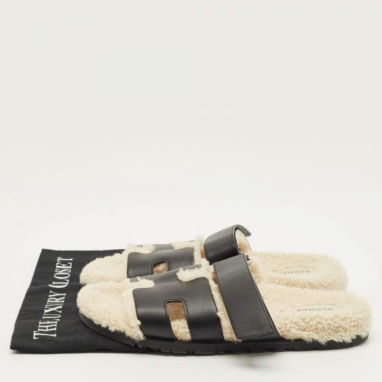 Pre Owned Hermes Chypre Size 40.5 Black/White Leather and Shearling Fur Flat Sandals