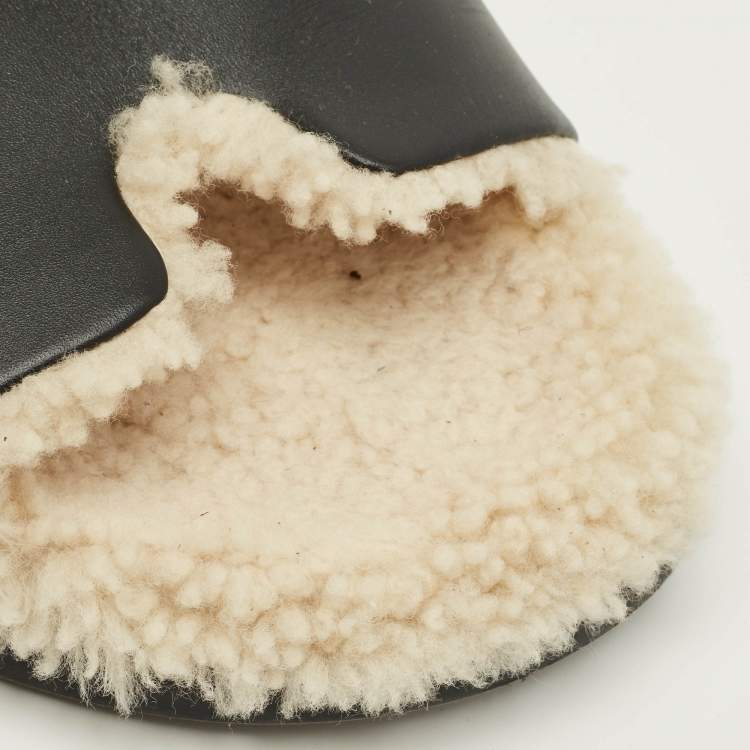 Pre Owned Hermes Chypre Size 40.5 Black/White Leather and Shearling Fur Flat Sandals