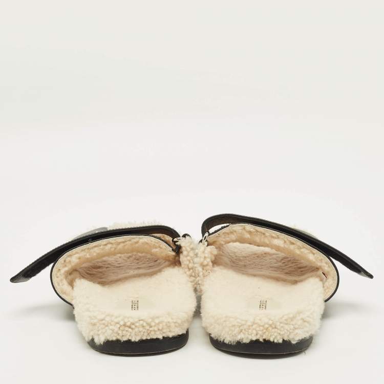 Pre Owned Hermes Chypre Size 40.5 Black/White Leather and Shearling Fur Flat Sandals