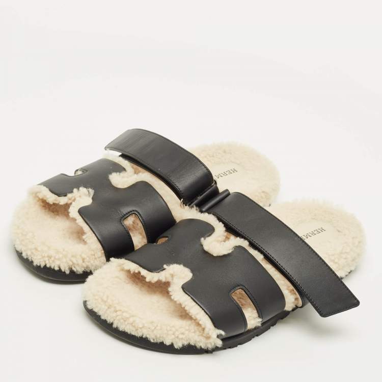 Pre Owned Hermes Chypre Size 40.5 Black/White Leather and Shearling Fur Flat Sandals