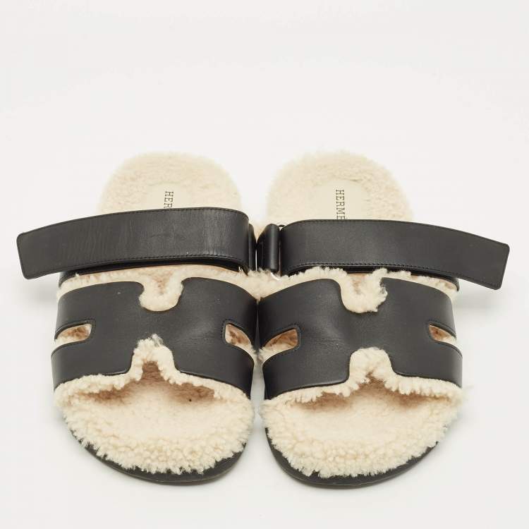 Pre Owned Hermes Chypre Size 40.5 Black/White Leather and Shearling Fur Flat Sandals