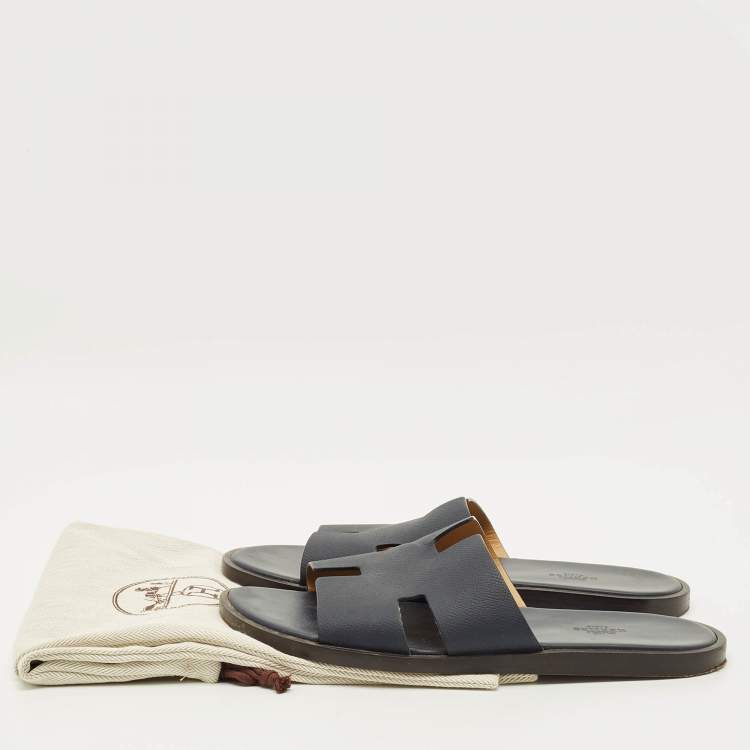 Pre Owned Hermes Izmir Size 42 Navy Blue Leather Flat Slide