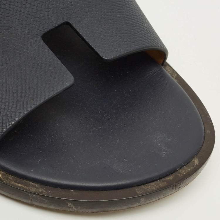 Pre Owned Hermes Izmir Size 42 Navy Blue Leather Flat Slide