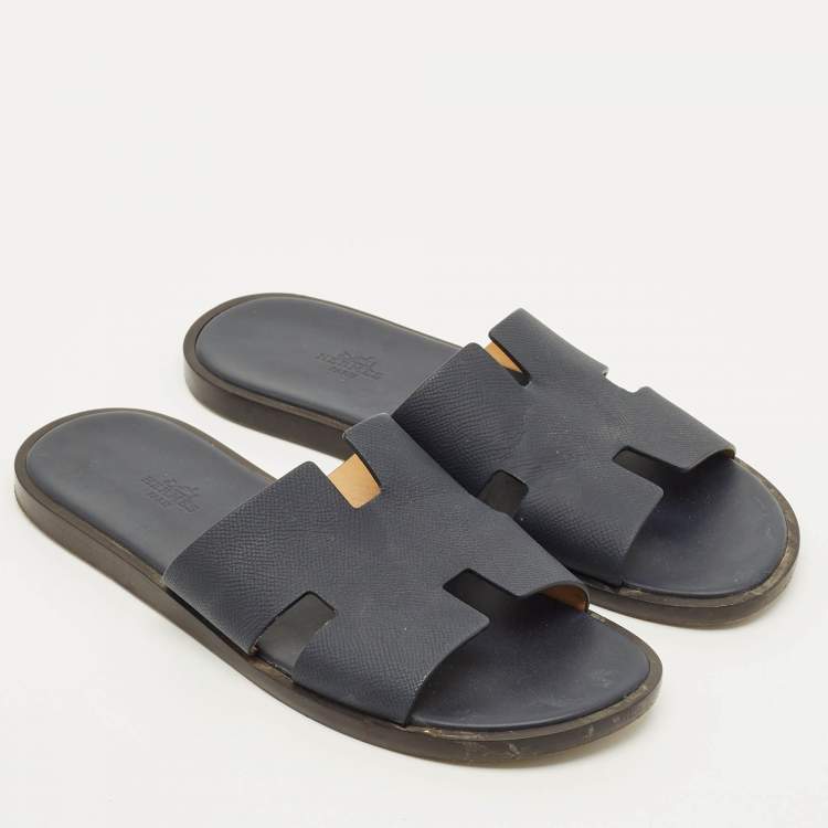 Pre Owned Hermes Izmir Size 42 Navy Blue Leather Flat Slide