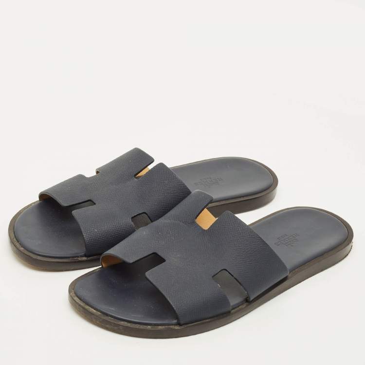 Pre Owned Hermes Izmir Size 42 Navy Blue Leather Flat Slide