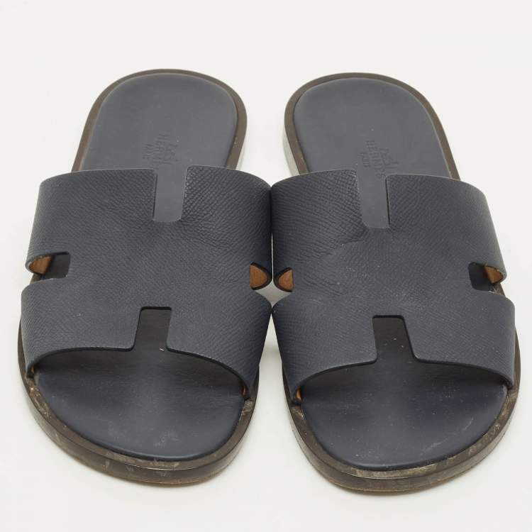 Pre Owned Hermes Izmir Size 42 Navy Blue Leather Flat Slide