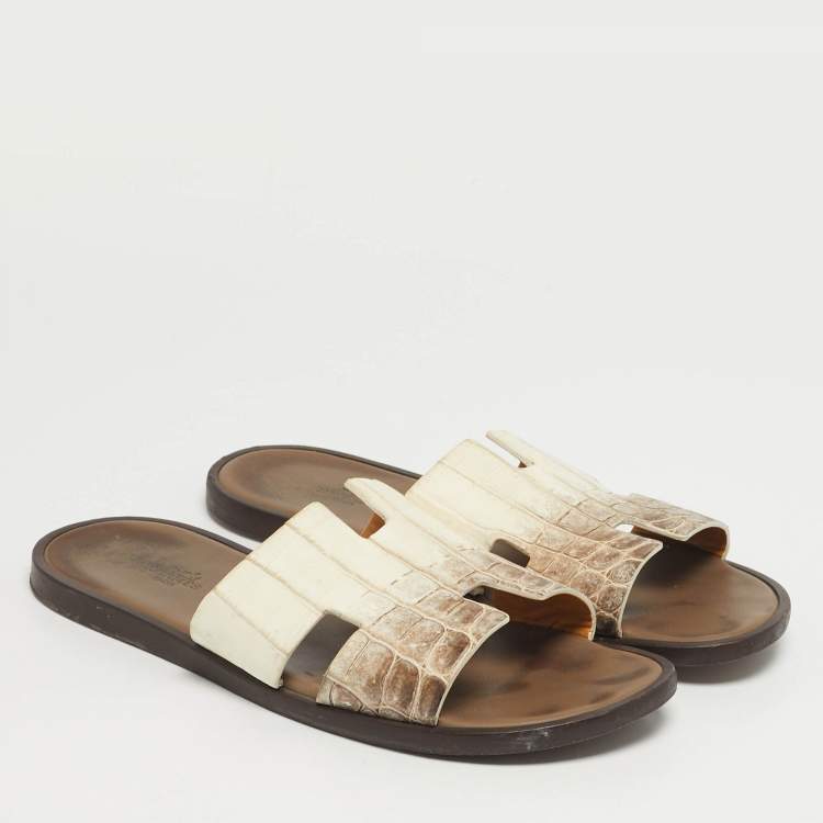 مملوكة مسبقًا Hermes Izmir Size 41.5 White Crocodile Leather Slide Sandals