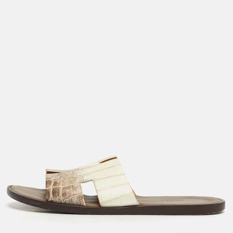 مملوكة مسبقًا Hermes Izmir Size 41.5 White Crocodile Leather Slide Sandals