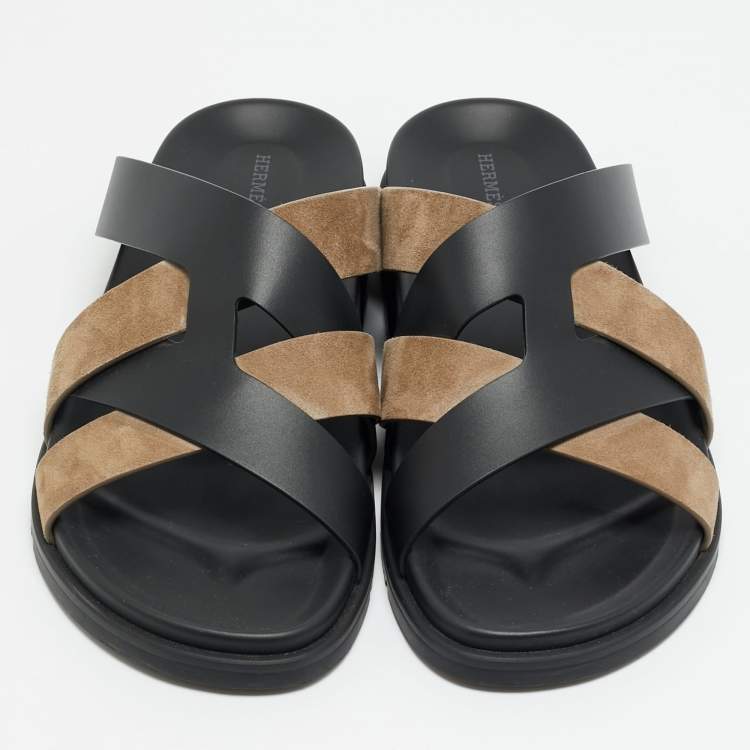 Pre Owned Hermes Kazimir Size 45.5 Black/Grey Leather and Suede Flat Sandals