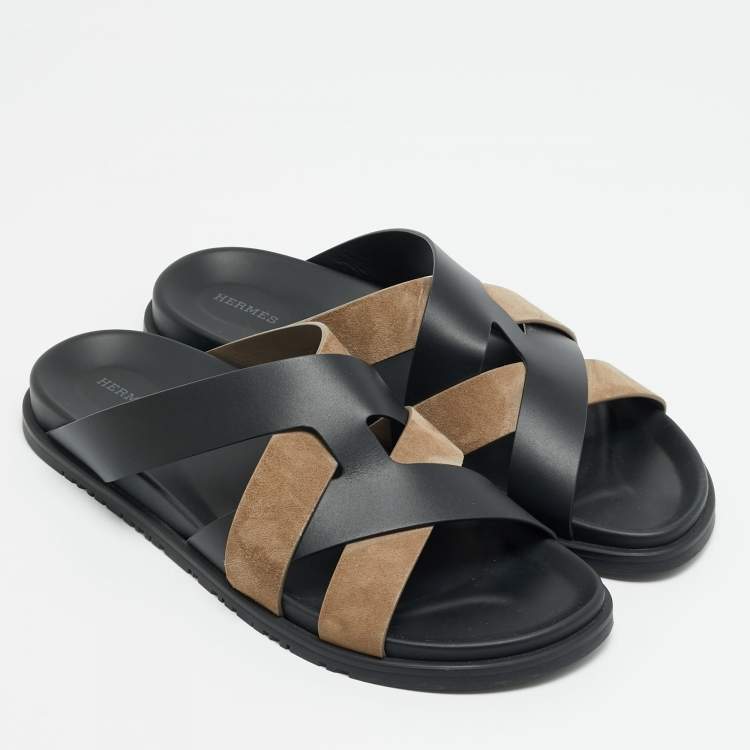 Pre Owned Hermes Kazimir Size 45.5 Black/Grey Leather and Suede Flat Sandals