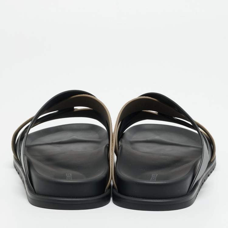 Pre Owned Hermes Kazimir Size 45.5 Black/Grey Leather and Suede Flat Sandals