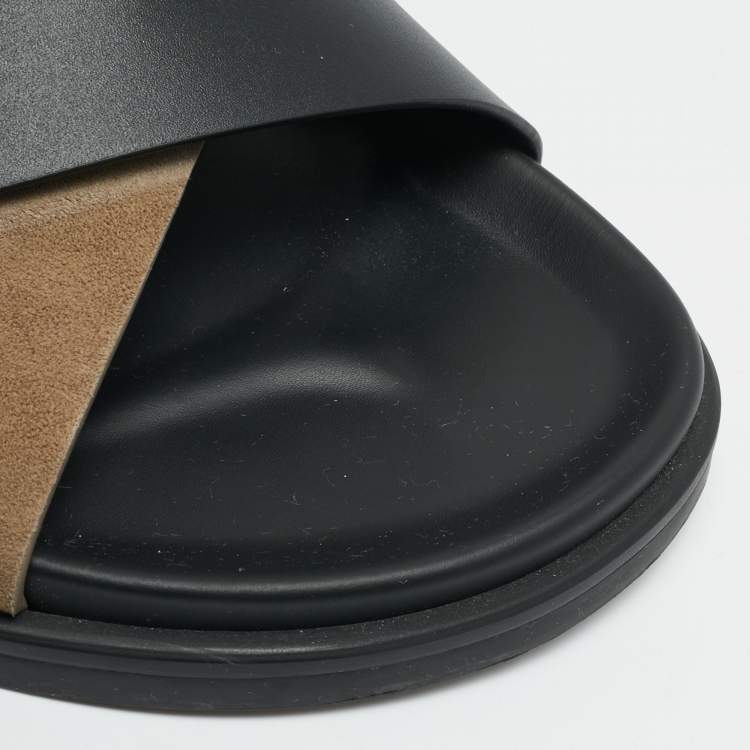 Pre Owned Hermes Kazimir Size 45.5 Black/Grey Leather and Suede Flat Sandals