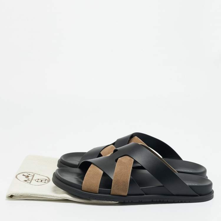 Pre Owned Hermes Kazimir Size 45.5 Black/Grey Leather and Suede Flat Sandals