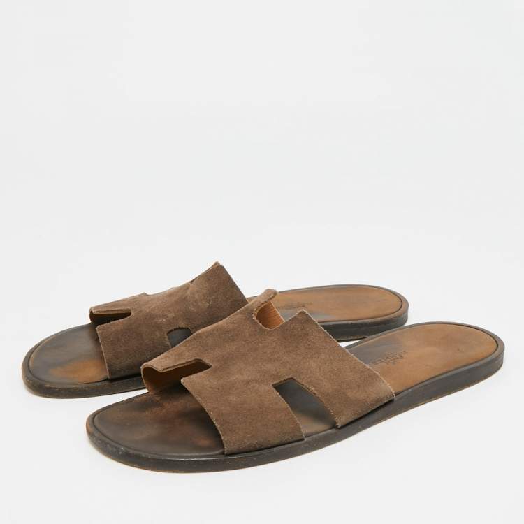 Pre Owned Hermes Izmir Size 45 Dark Brown Suede Flat Slide
